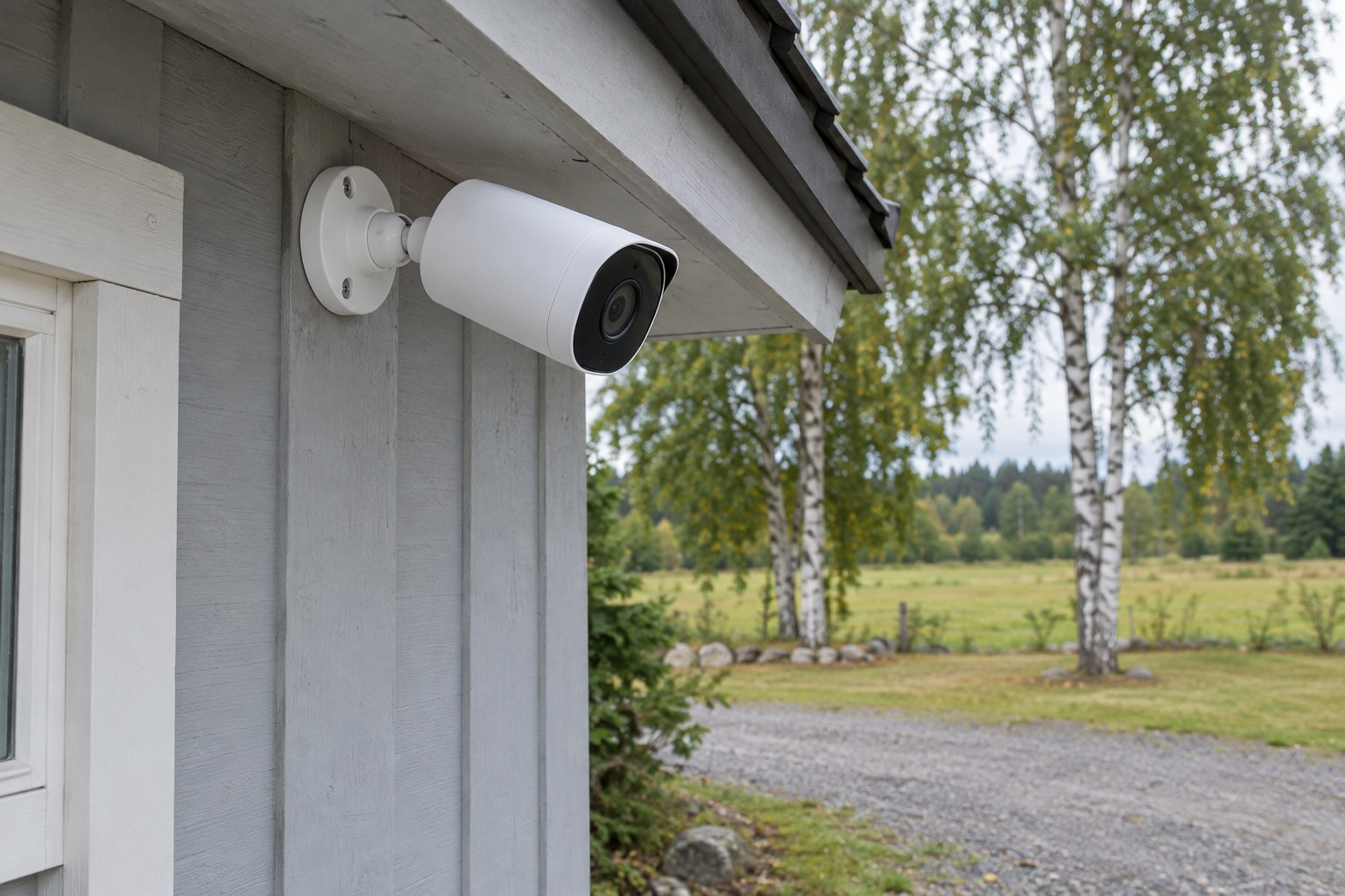 Valge valvekaamera maja puitfassaadil räästa all, vaade kruusaga kaetud hoovile ja kaskedele