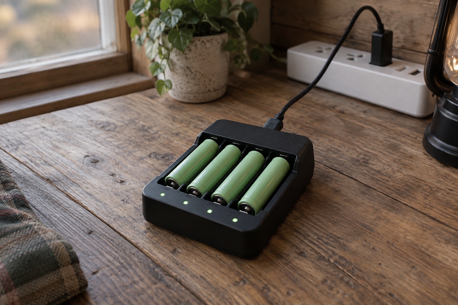 18650 liitiumakud USB-laadijas laual pehmes õhtuvalguses