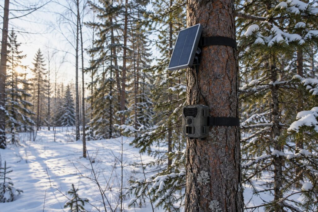 Väike päikesepaneel järsu nurga all puutüvel rajakaamera kohal, lumine talvine mets