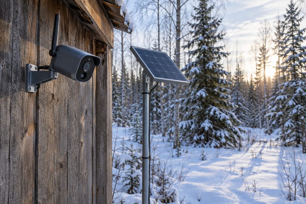4G valvekaamera puukuuri seinal metsa ääres, päikesepaneel kõrval postis, taamal lumine mets