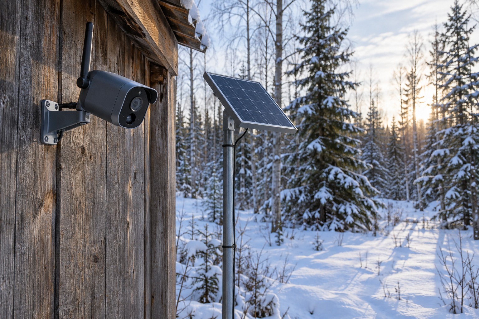 4G valvekaamera puukuuri seinal metsa ääres, päikesepaneel kõrval postis, taamal lumine mets