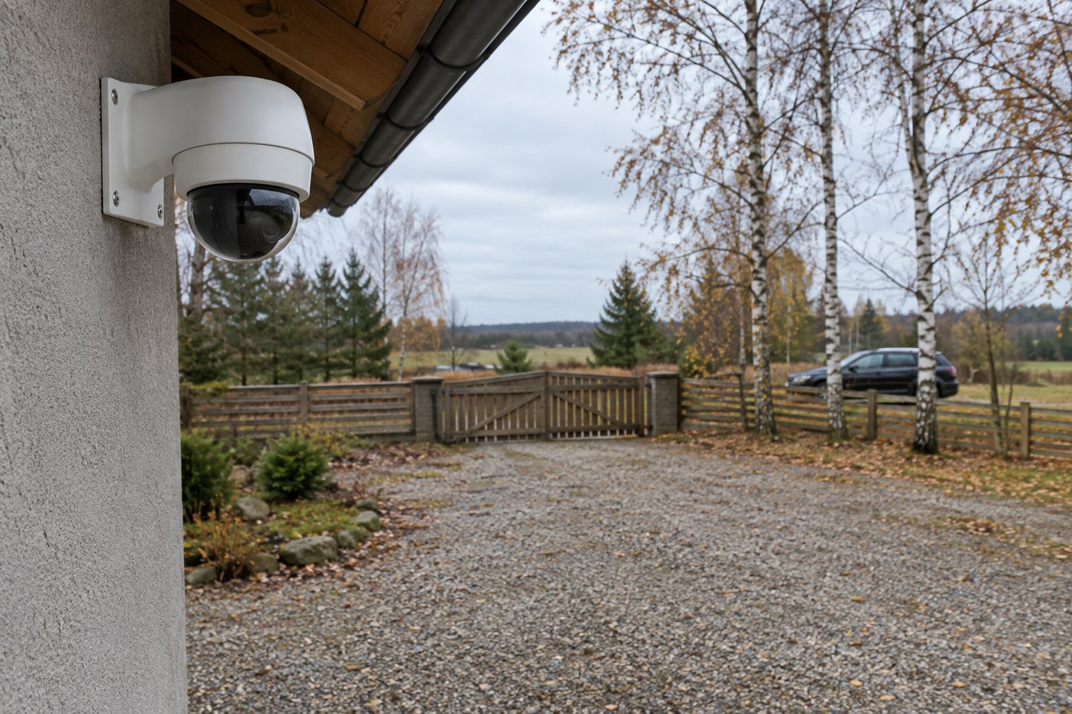 Valge pööratav kuppelkaamera maja nurgal räästa all, vaatega kruusasele hoovile, puitväravale ja kaskedele hilissügisesel pilvisel pärastlõunal