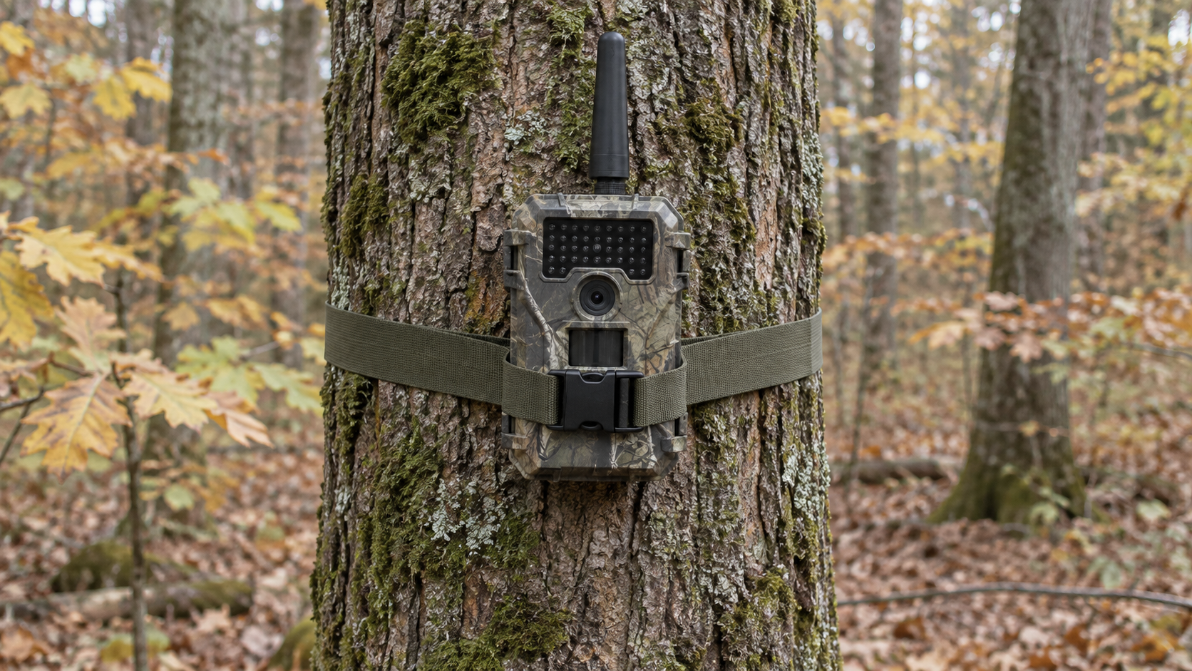Rajakaamera puutüvel metsas, kaamera peale kinnitatud lühike välisantenn
