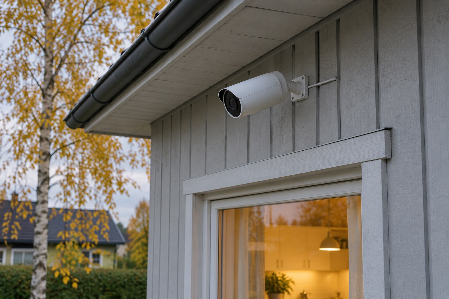 Halli puitlaudisega maja seinal räästa all on valge juhtmega valvekaamera seinaklambril, all paistab valgustatud köögiaken ja kõrval kollaste lehtedega kask