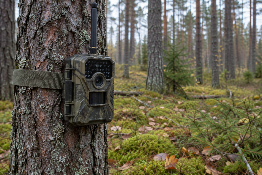 Rajakaamera puutüvel hämaras sügismetsas, korpuse peal väike antenn