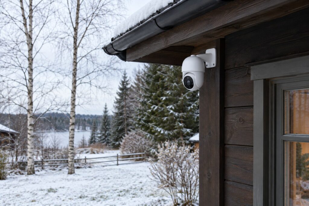 Väike valge pööratav valvekaamera tumeda puidust suvemaja räästa all, maas lumi ja taamal kased, kuused ning järv