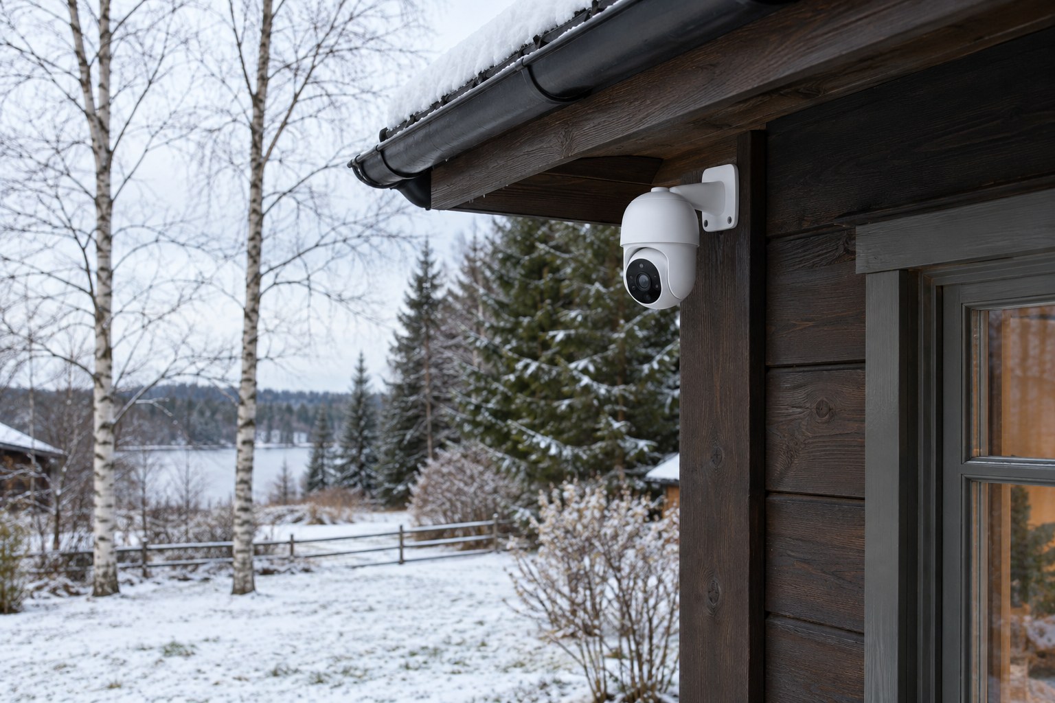 Väike valge pööratav valvekaamera tumeda puidust suvemaja räästa all, maas lumi ja taamal kased, kuused ning järv