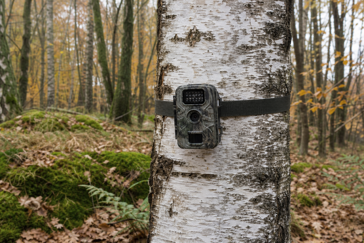 Kamuflaaživärvi rajakaamera rihmaga kase tüve külge kinnitatud sügismetsas, näha objektiiv, IR-valgustuspaneel ja PIR-anduri riba