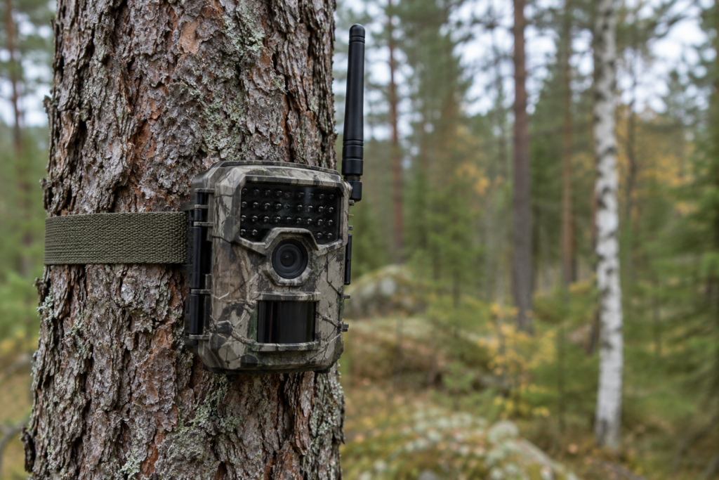 Kamuflaaživärvi 4G rajakaamera puutüvel metsaserval pehmes päevavalguses