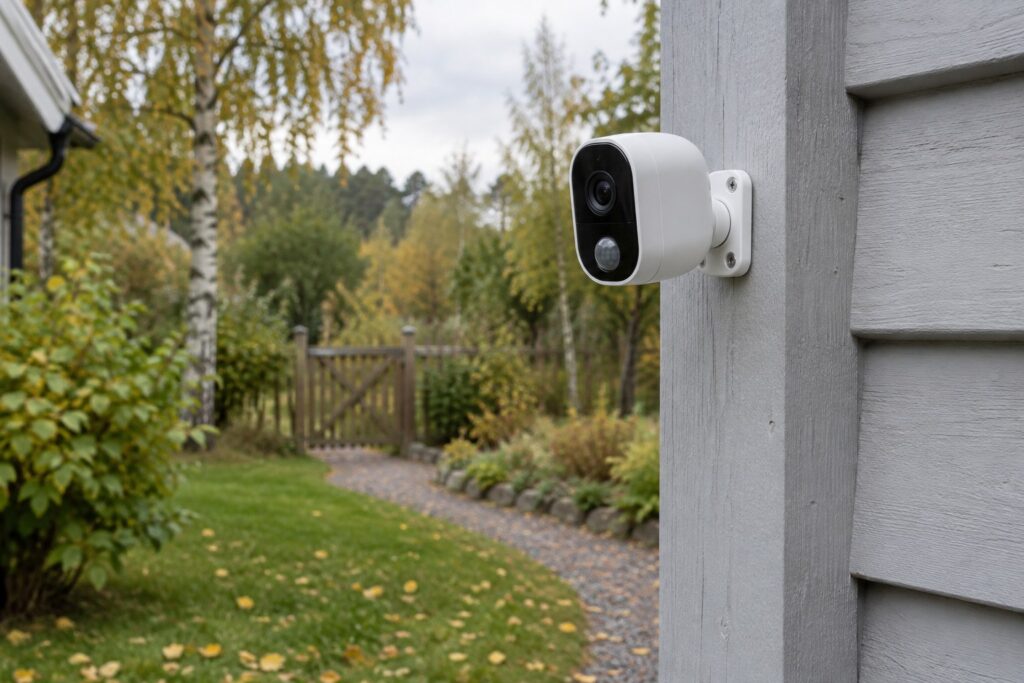 Maja helehallil puitnurgal seinaklambriga valge akuga valvekaamera, mille objektiivi all on ümar liikumisanduri aken; taamal sügisene aed, kruusarada ja puitvärav