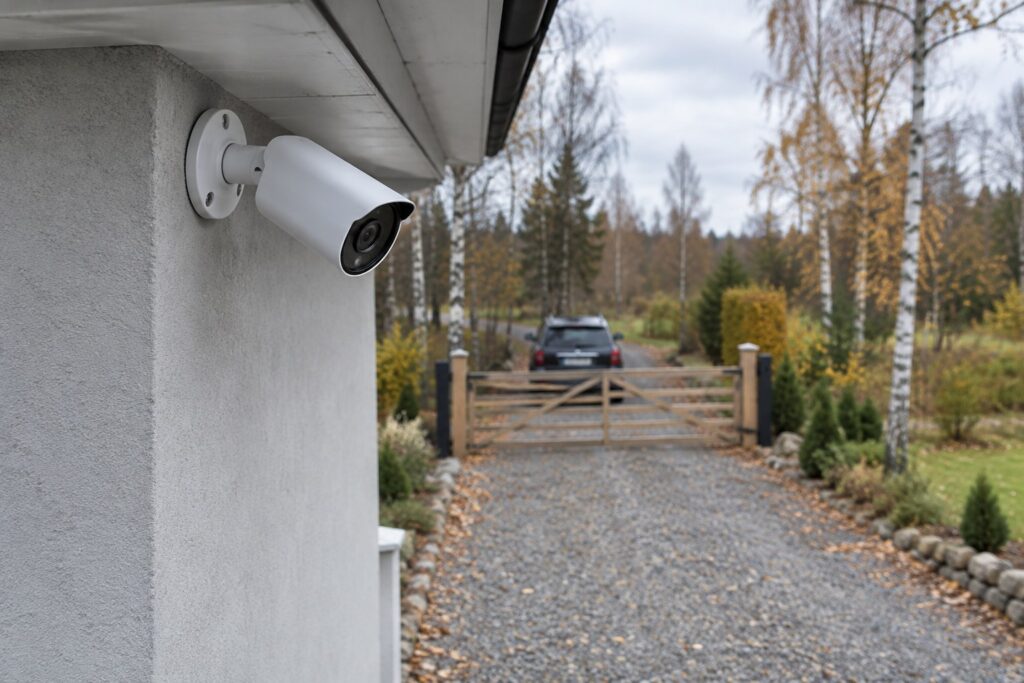 Valge toru-kujuline valvekaamera maja nurgal räästa all, vaade kruusasel sissesõiduteel puitvärava ja kaugemal pargitud auto suunas