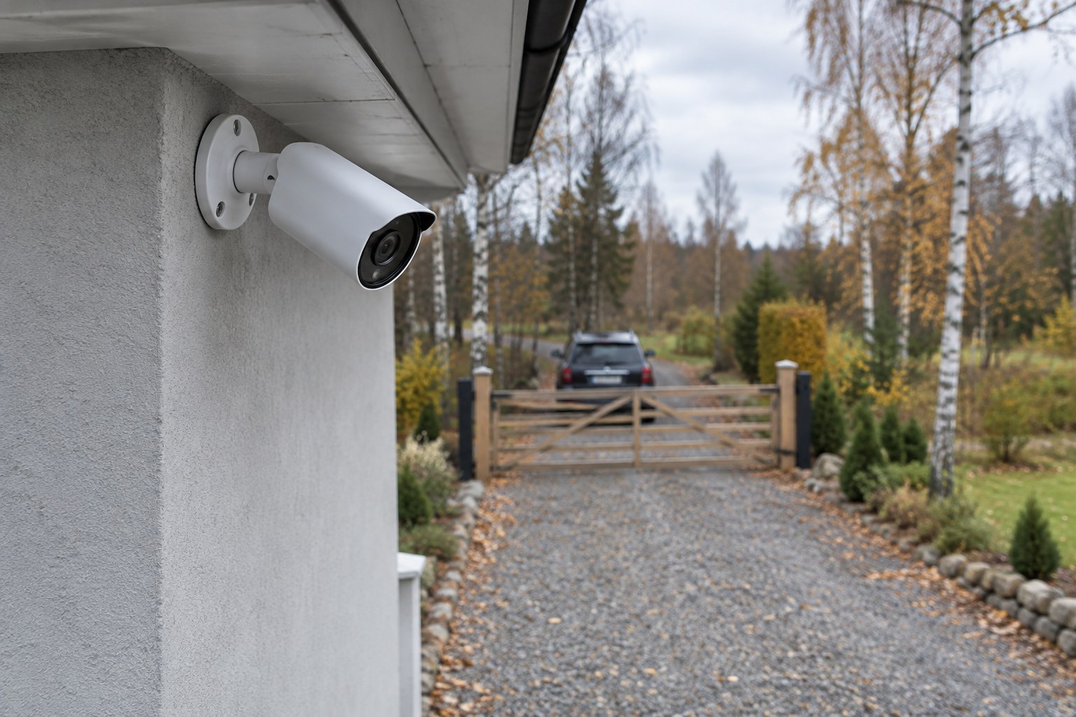 Valge toru-kujuline valvekaamera maja nurgal räästa all, vaade kruusasel sissesõiduteel puitvärava ja kaugemal pargitud auto suunas