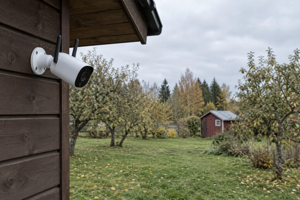 Valge antennidega WiFi-valvekaamera seinakinnitusel puitmaja nurgal räästa all, taga sügisene õunaaed ja punane aiamaja